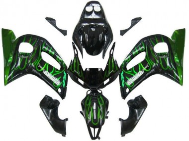 Custom 1998-2002 Black Green Flame Yamaha YZF R6 Motorbike Fairing Kits