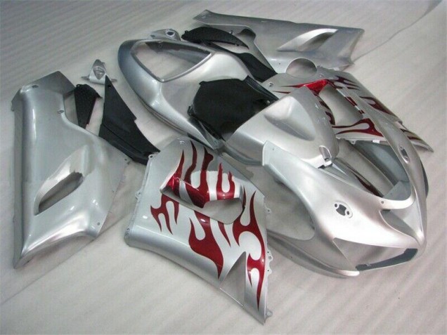 Custom 2005-2006 Silver Red Flames Kawasaki ZX6R Motorcycle Fairings