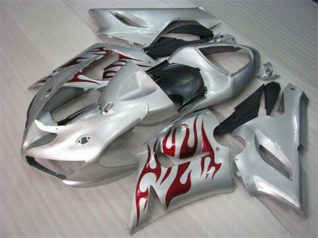 Custom 2005-2006 Silver Red Flames Kawasaki ZX6R Motorcycle Fairings