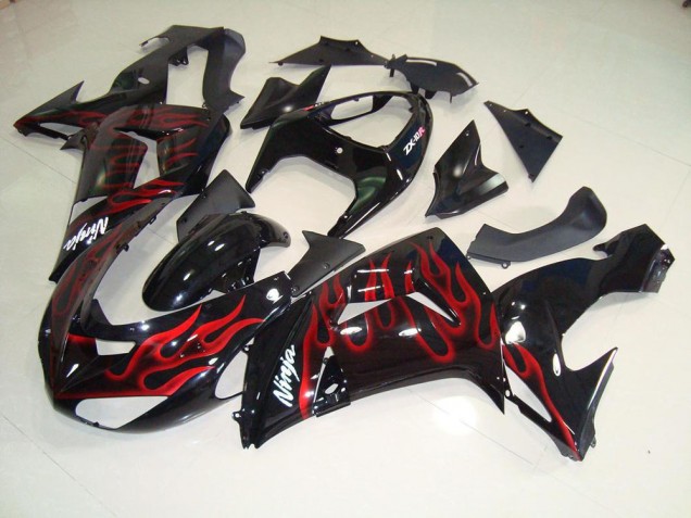 Custom 2006-2007 Black Red Flame Kawasaki ZX10R Moto Fairings