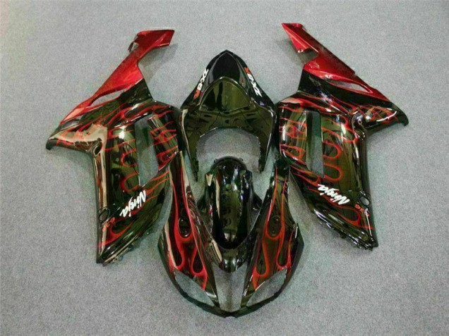 Custom 2007-2008 Black Red Flame Kawasaki ZX6R Motor Bike Fairings