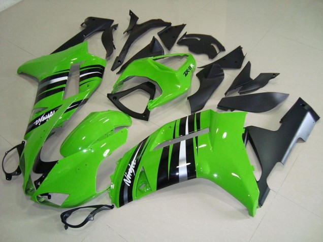 Custom 2007-2008 Green and Silver Stripe Kawasaki ZX6R Motorcycle Fairings Kits