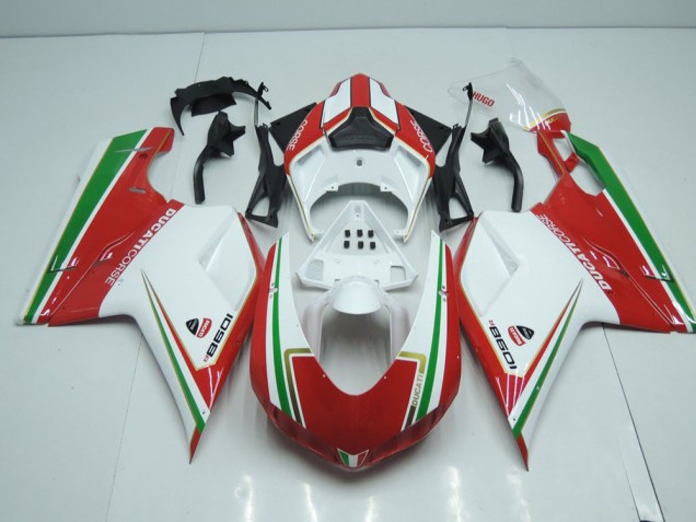 Custom 2007-2014 White and Red with Green Stripe Ducati 848 1098 1198 Motorcylce Fairings