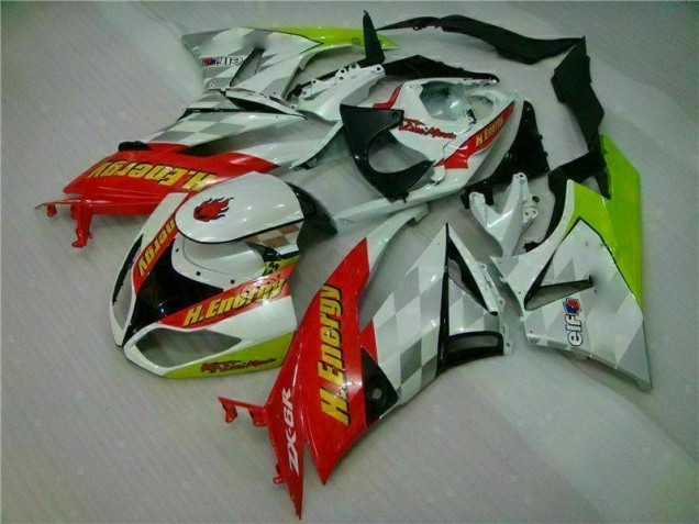 Custom 2009-2012 White Red H. Energy Kawasaki ZX6R Motorcycle Fairings Kit