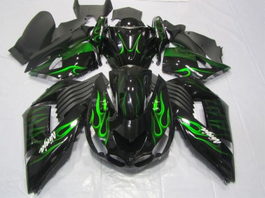 Aftermarket 2006-2011 Black Green Flame Ninja Kawasaki ZX14R ZZR1400 Motorcycle Replacement Fairings