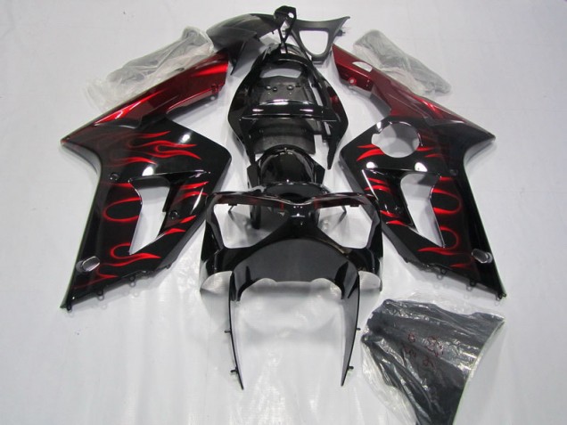 Custom 2003-2004 Black Red Flame Kawasaki ZX6R Motorcycle Fairing