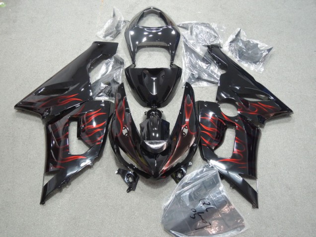 Custom 2005-2006 Black Red Flame Kawasaki ZX6R Moto Fairings