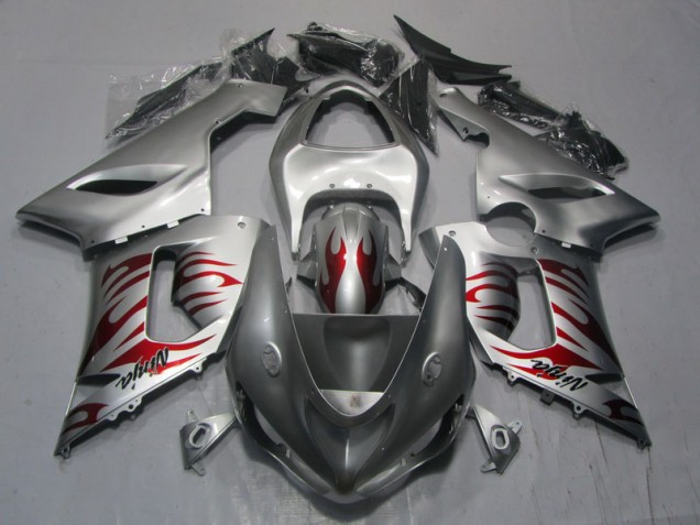 Custom 2005-2006 Silver Red Flame Ninja Kawasaki ZX6R Motorcycle Replacement Fairings