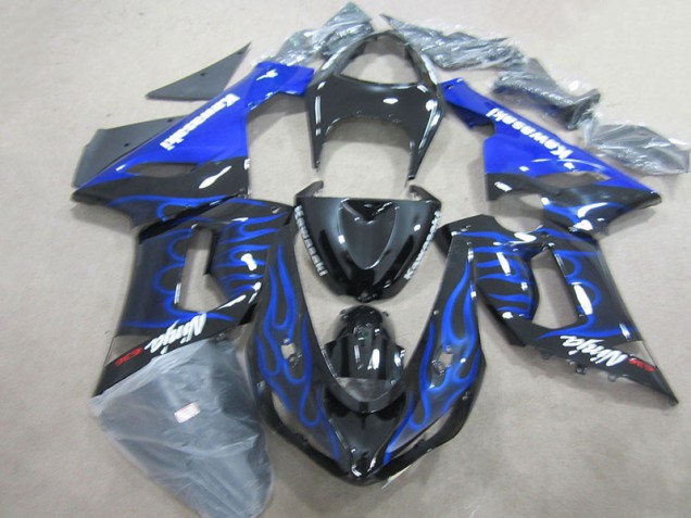 Custom 2005-2006 Black Blue Flame Ninja 636 Kawasaki ZX6R Motorcycle Fairings Kits