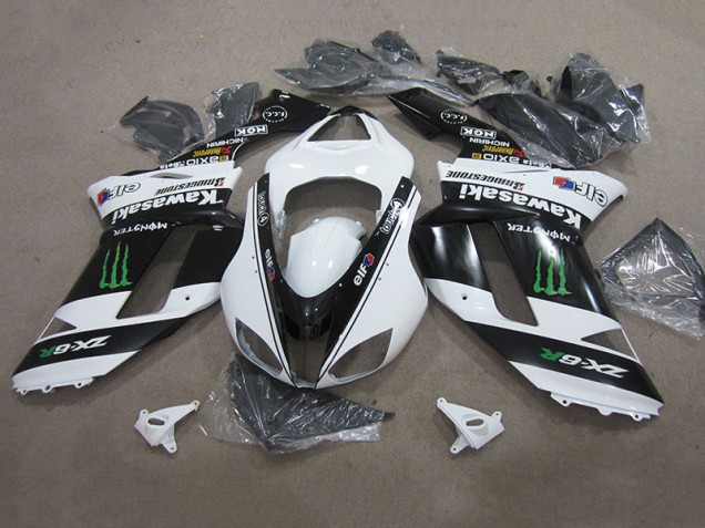 Custom 2007-2008 Black White Monster Kawasaki ZX6R Replacement Motorcycle Fairings