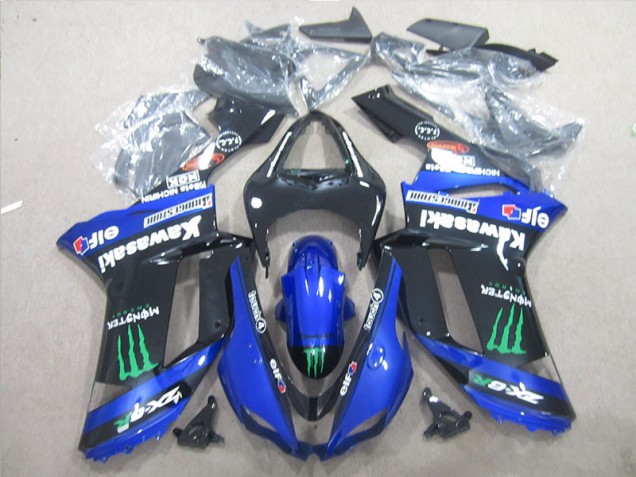 Custom 2007-2008 Black Blue Green Monster Kawasaki ZX6R Bike Fairings