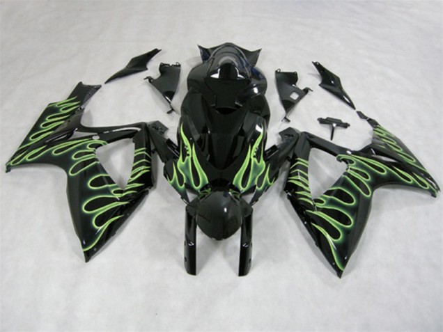 Custom 2006-2007 Black Green Flame Suzuki GSXR600 Motorcycle Fairings